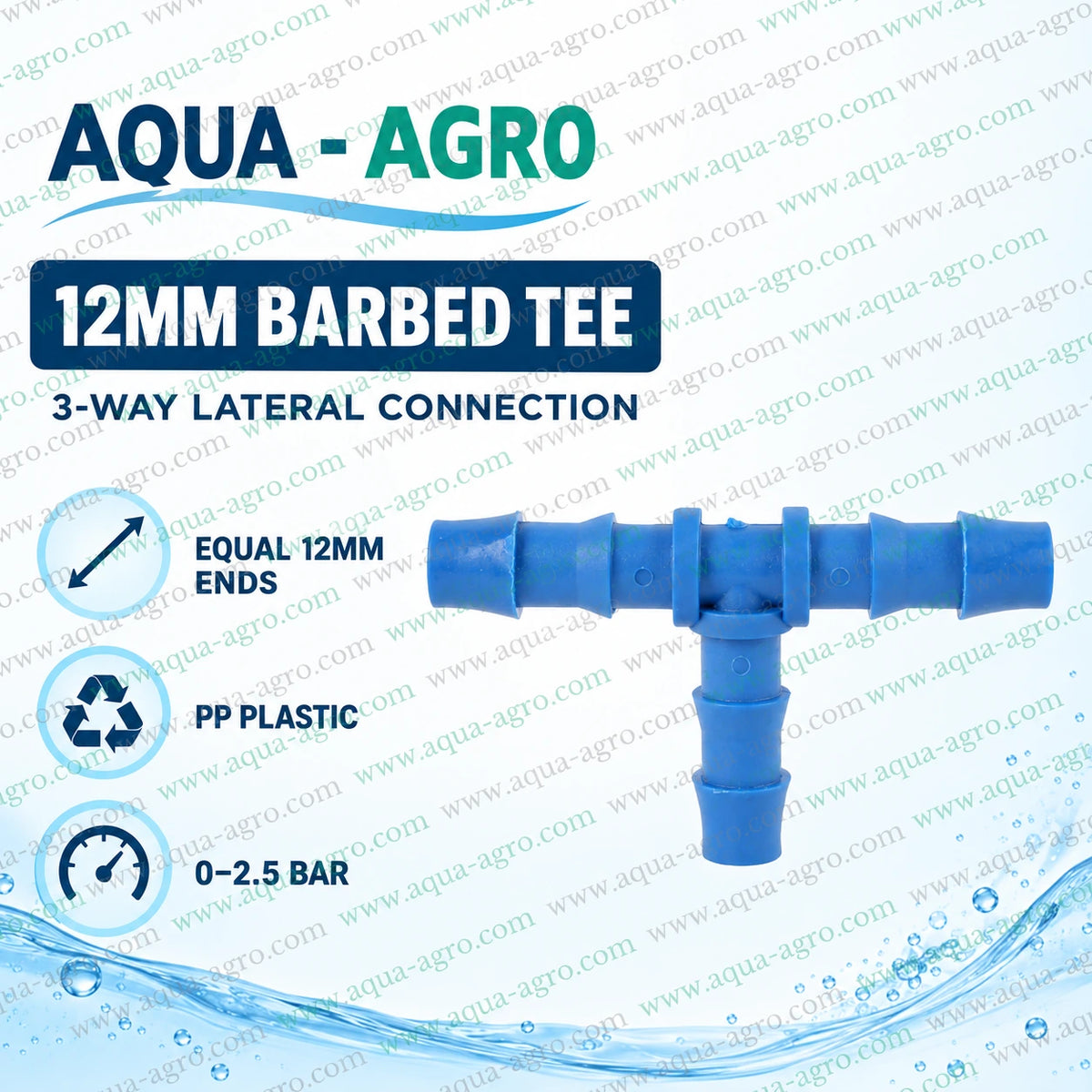 AQUA AGRO Lite 12mm barbed tee fitting with three equal connections made from PP plastic for drip irrigation systems with 0 to 2.5 bar operating pressure