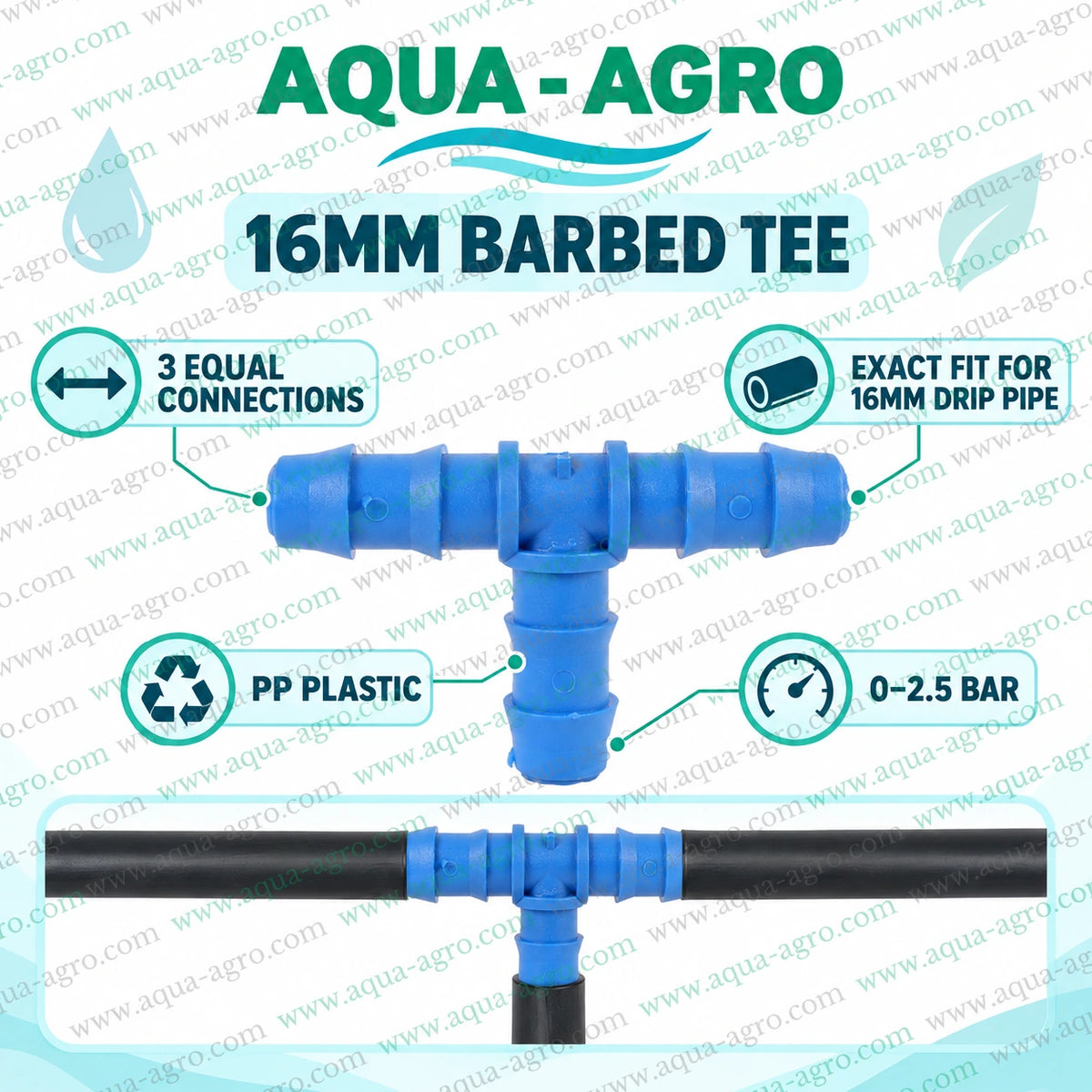 AQUA AGRO Lite 16mm barbed tee fitting made from PP plastic with three equal connections for drip irrigation pipes and 0 to 2.5 bar operating pressure