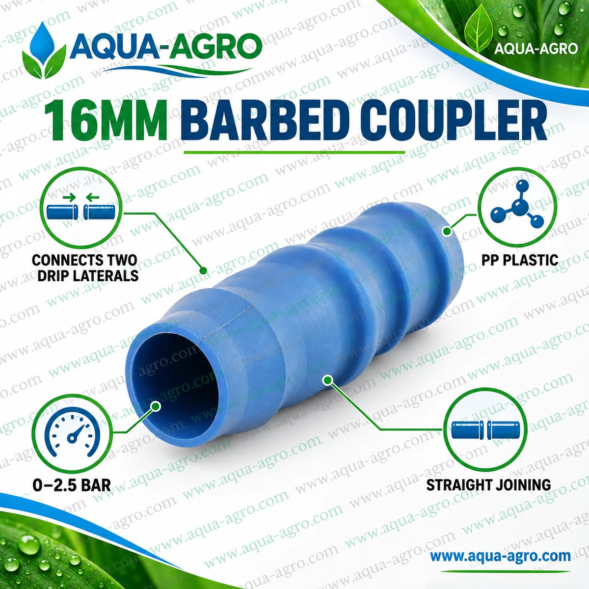 AQUA-AGRO 16mm barbed coupler for drip irrigation blue PP plastic straight joiner connecting two 16mm drip lateral pipes with secure barbed ends