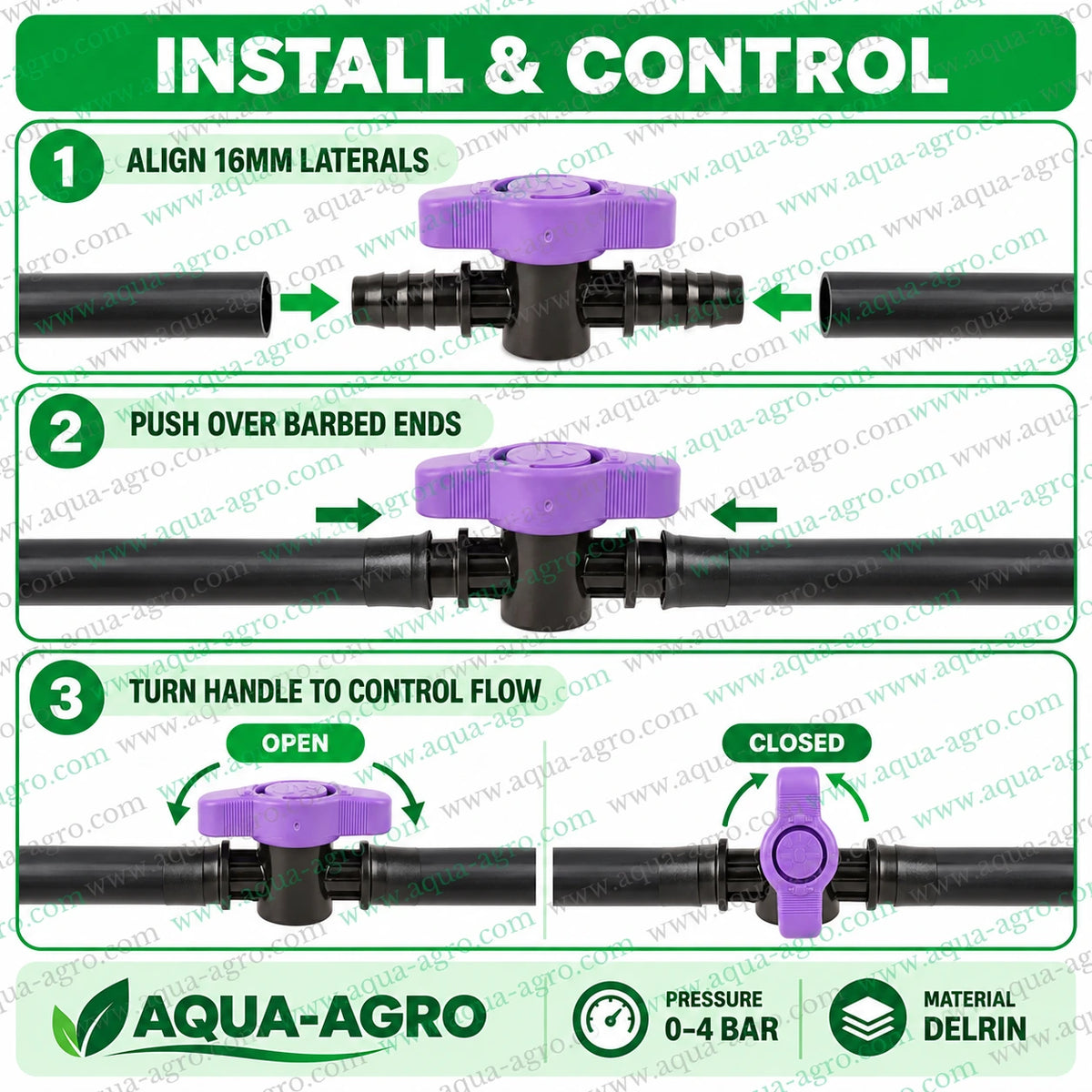 AQUA-AGRO Premium 16mm barbed drip tap installation guide showing secure lateral pipe connection and ON OFF water flow control with Delrin body and 0 to 4 bar operating pressure