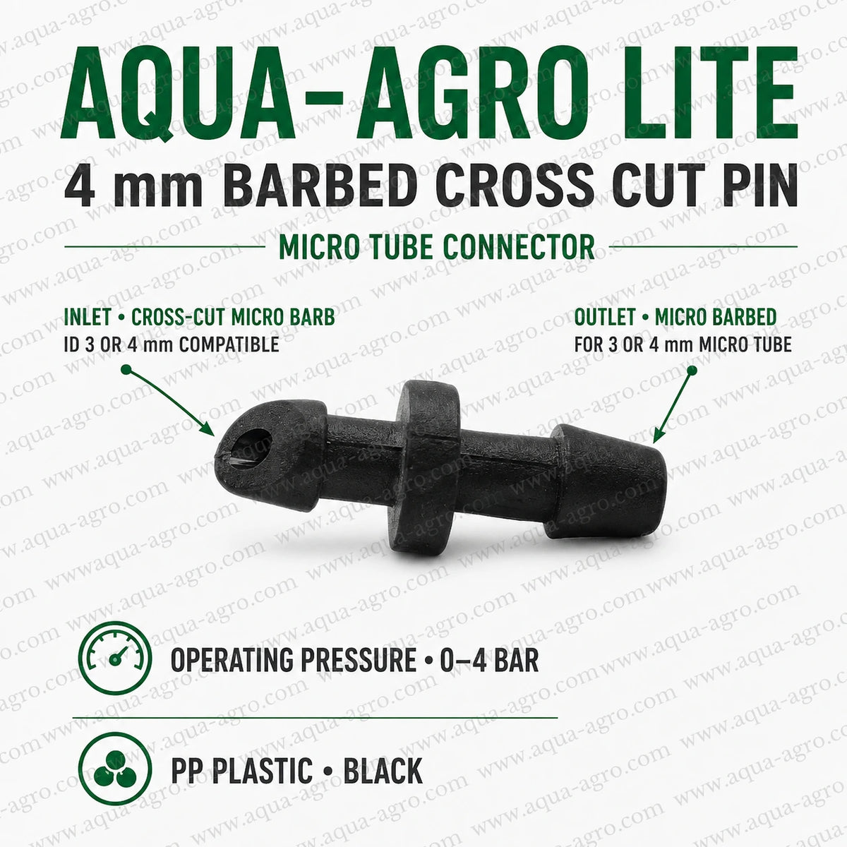 AQUA-AGRO Lite 4 mm black PP barbed cross cut pin micro tube connector for drip fittings and accessories suitable for 4 mm micro tube and 0 to 4 bar pressure