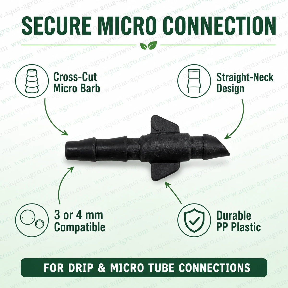 AQUA AGRO Lite straight neck micro pin black PP drip fitting with cross cut inlet and micro barbed outlet for 3 mm or 4 mm micro tube