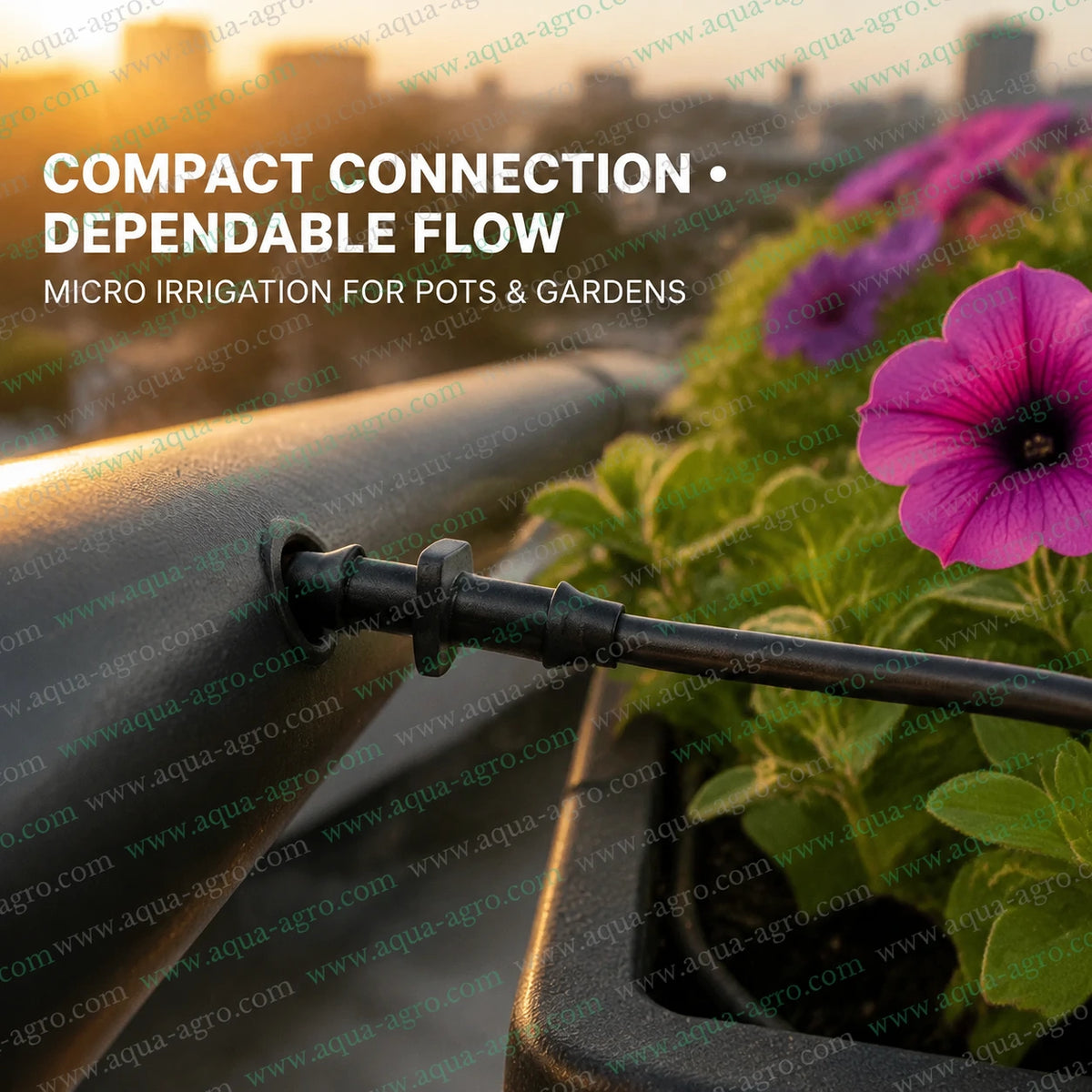 AQUA AGRO 4 mm micro tube coupler installed on drip irrigation lateral for dependable watering of pots gardens and greenhouse plants