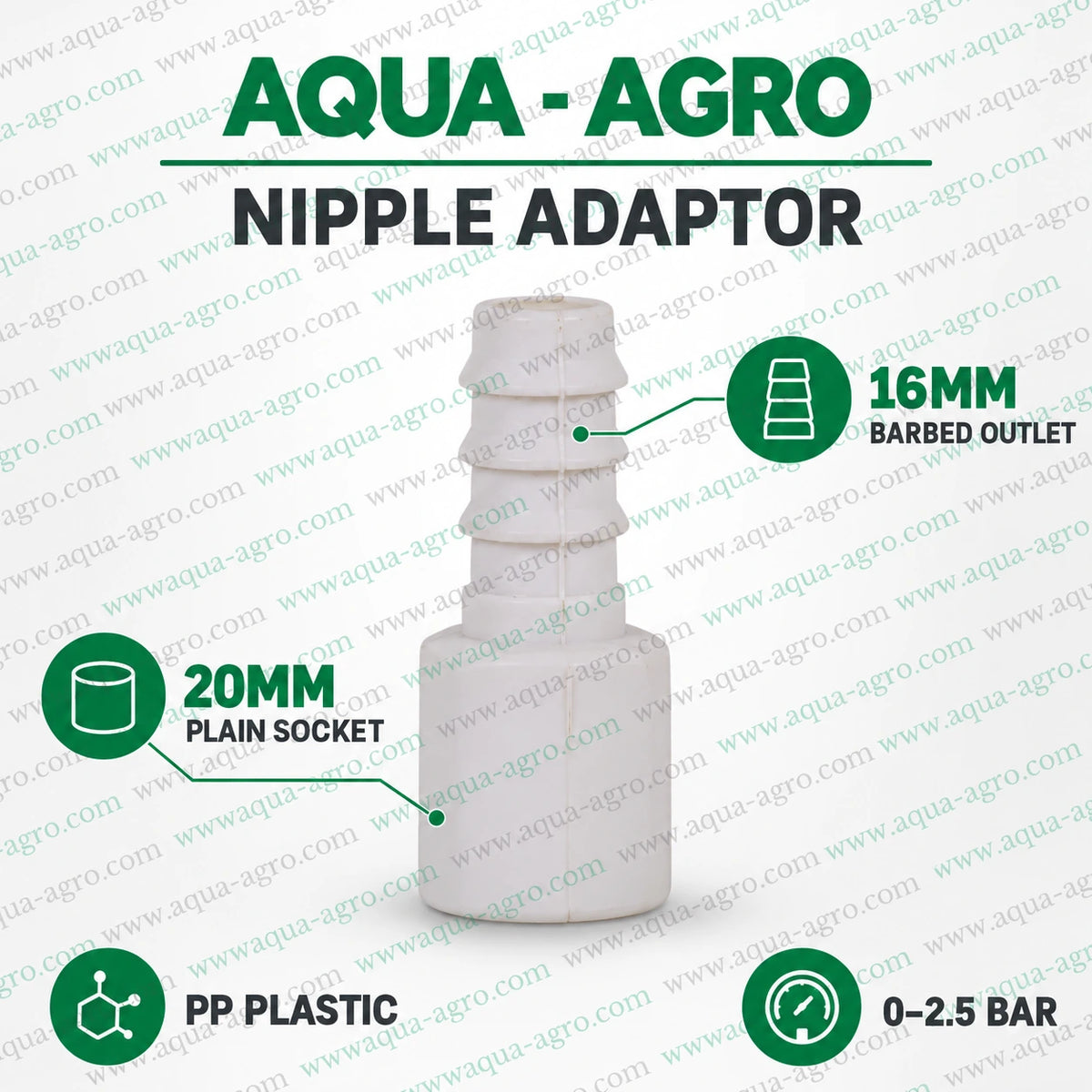 AQUA AGRO nipple adaptor 20mm plain socket x 16mm barbed PP plastic lite drip fitting for drip irrigation systems