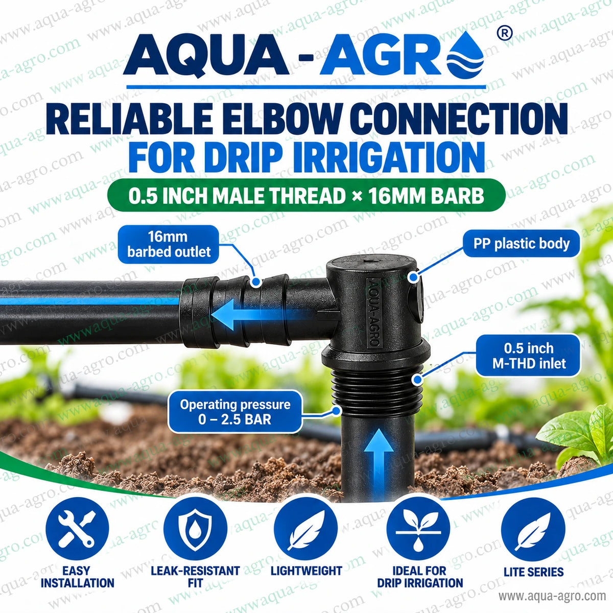 How to install AQUA AGRO 0.5 inch x 16mm threaded elbow for drip lateral connection with secure male thread and barbed fit