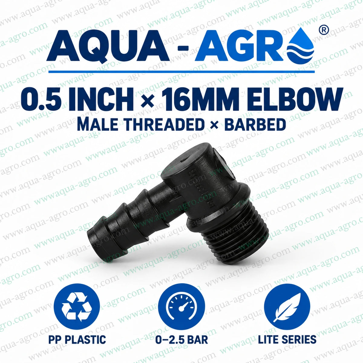 AQUA AGRO threaded lite elbow 0.5 inch x 16mm PP drip fitting with male threaded inlet barbed outlet and 0 to 2.5 bar pressure