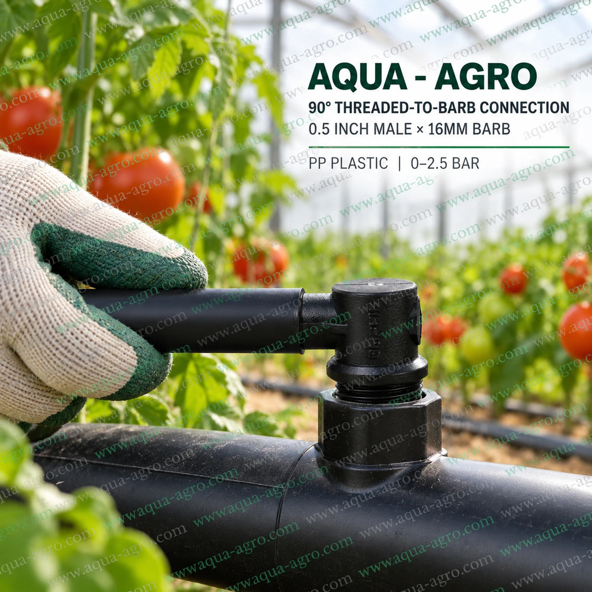 AQUA AGRO 0.5 inch male thread x 16mm barb elbow fitted to drip irrigation mainline in greenhouse tomato farming