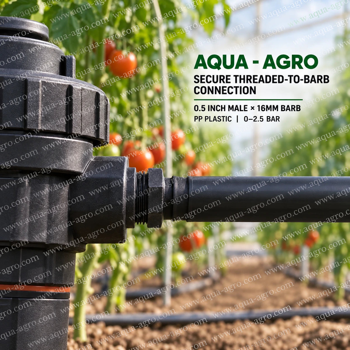 AQUA AGRO 16mm barbed nipple connecting drip irrigation lateral to greenhouse water line for secure crop irrigation