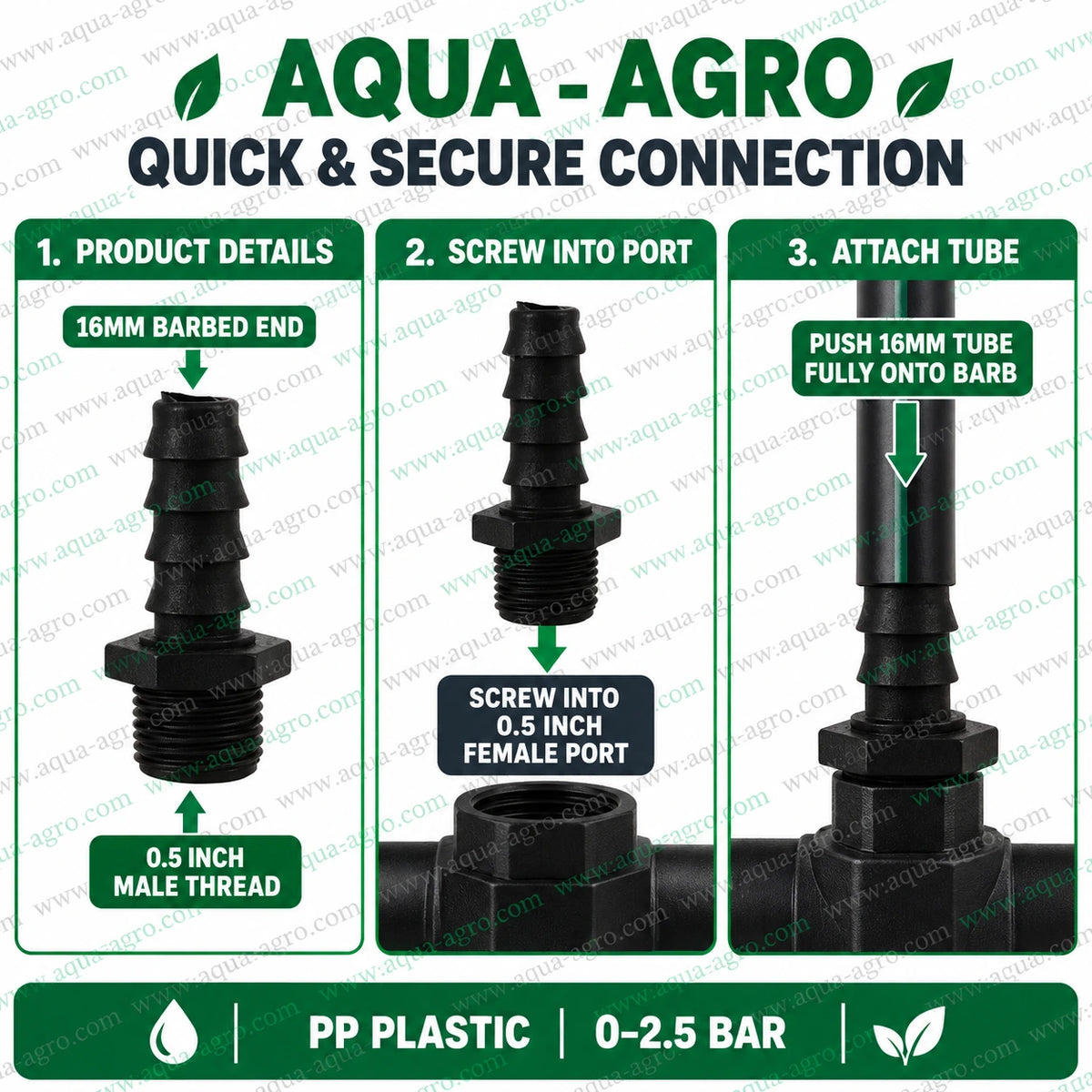 AQUA AGRO 0.5 inch male threaded nipple with 16mm barb for quick drip irrigation lateral connection using PP plastic fitting