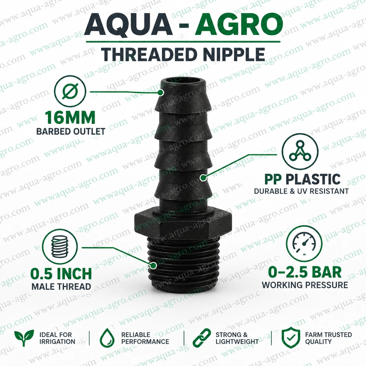AQUA AGRO lite threaded nipple 0.5 inch x 16mm PP drip fitting with male thread barbed outlet and 0 to 2.5 bar pressure
