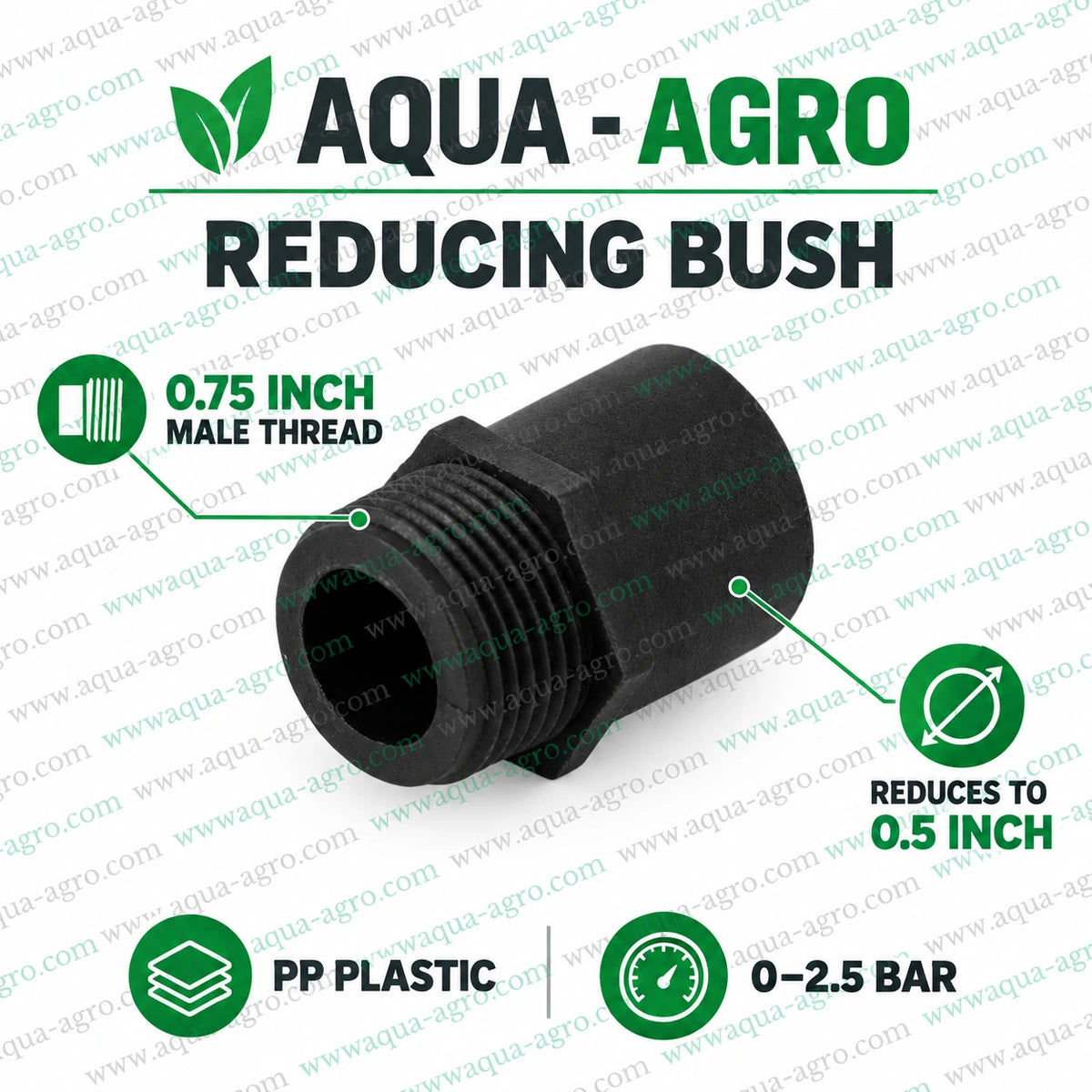 AQUA AGRO 0.75 inch x 0.5 inch PP reducing bush with male thread for compact drip irrigation pipe size conversion