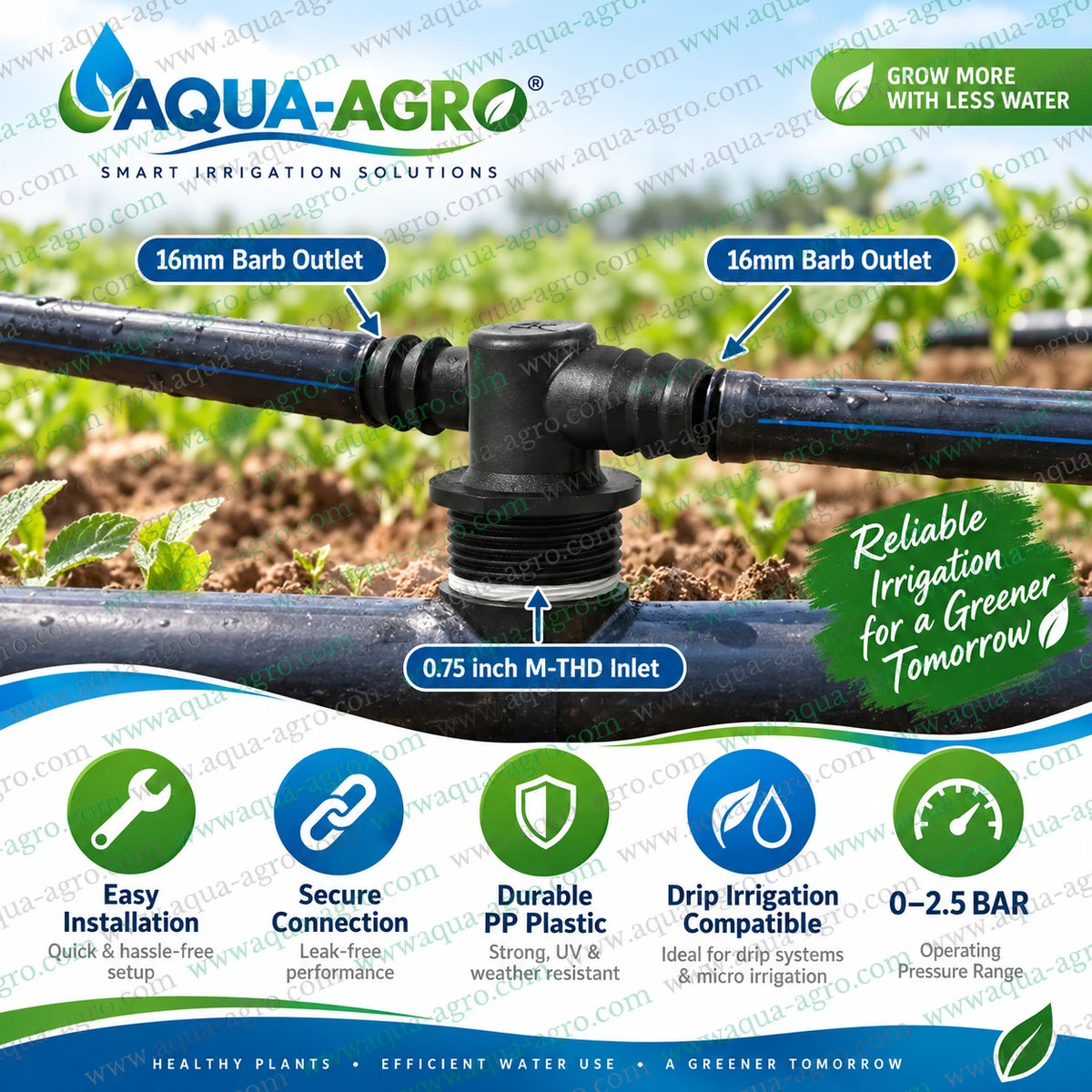 1. AQUA AGRO threaded riser tee with 0.75 inch M THD inlet and two 16mm barbed outlets for secure agricultural drip irrigation connection
