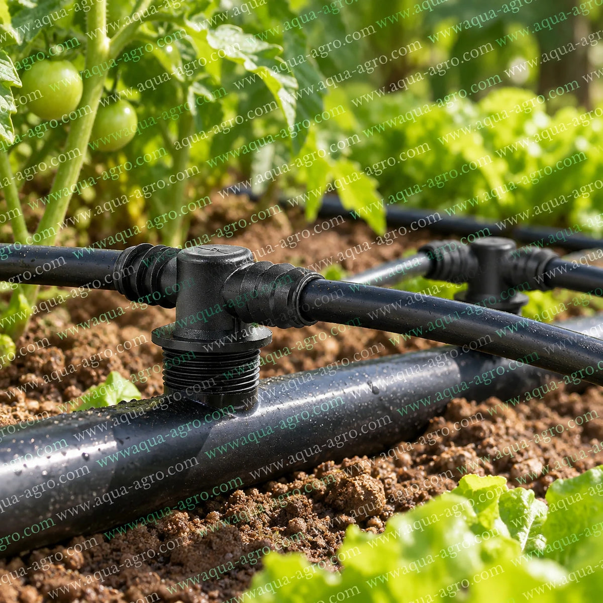 AQUA AGRO 0.75 inch x 16mm PP riser tee installed on farm drip irrigation mainline for distributing water to crop laterals