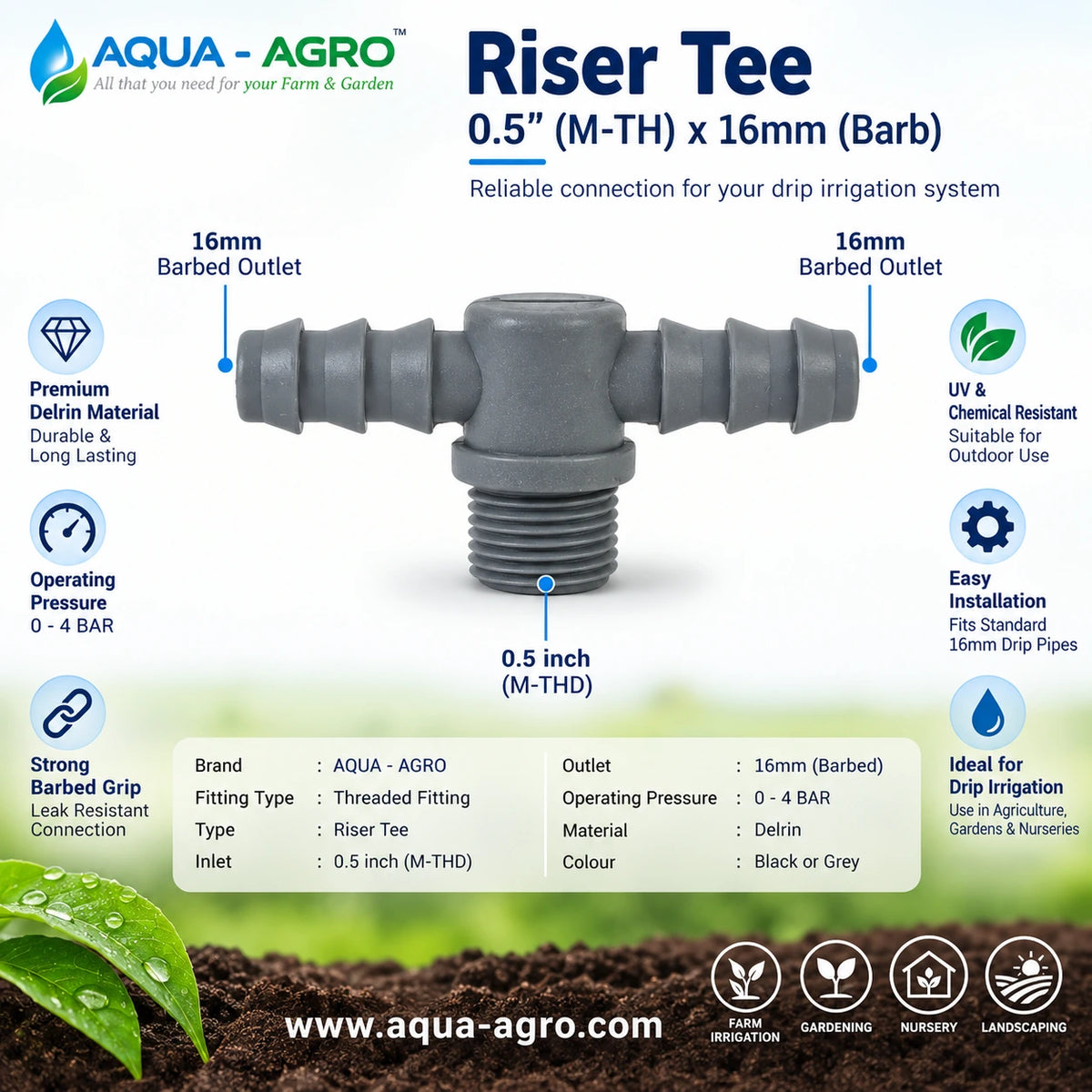 AQUA AGRO premium Delrin riser tee 0.5 inch M TH x 16mm barb drip fitting with strong barbed grip and 0 to 4 bar pressure