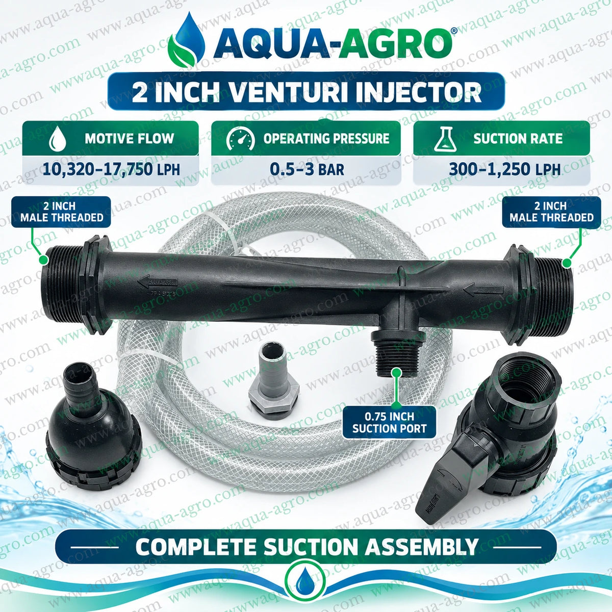AQUA AGRO 2 inch Venturi fertilizer injector working principle showing water flow creating suction to draw liquid fertilizer from a fertilizer tank through a clear braided suction hose and intake filter into the irrigation pipeline for efficient fertilizer mixing and crop nutrient distribution