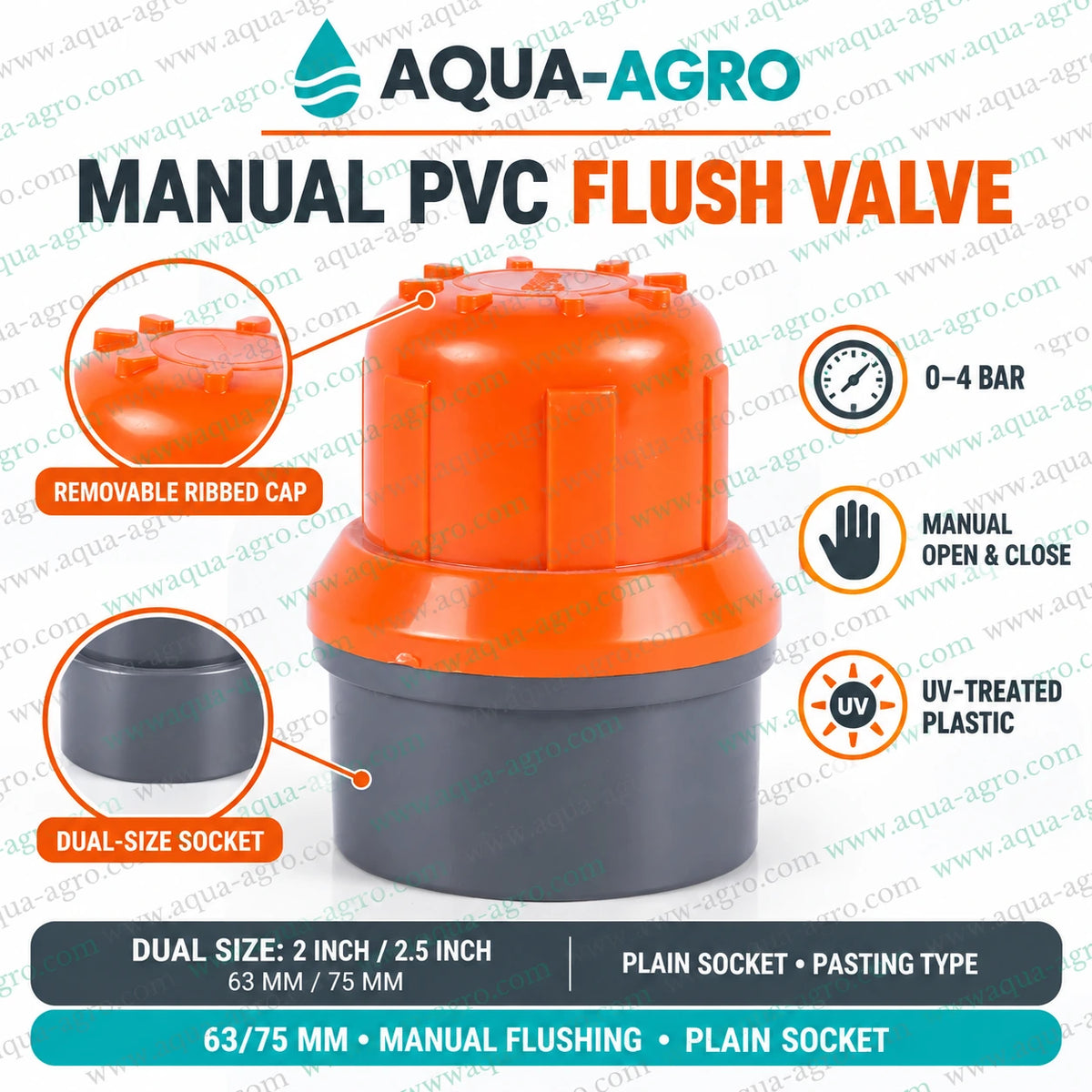 AQUA AGRO manual PVC flush valve dual 2 inch 63mm and 2.5 inch 75mm plain socket connection showing step by step installation with solvent cement and manual pipeline flushing for drip irrigation systems