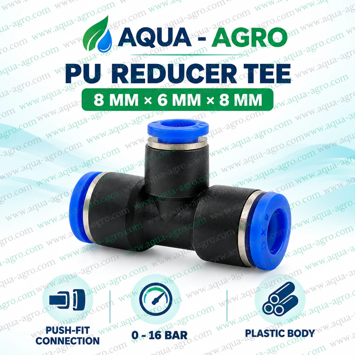 AQUA AGRO 8mm x 6mm x 8mm PU reducer tee push fit pneumatic connector with black plastic body blue release rings and 0 to 16 bar operating pressure for fogging and misting systems