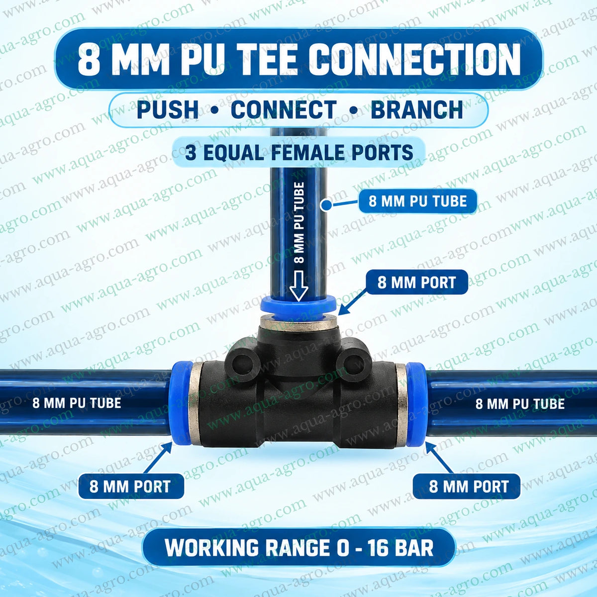 AQUA AGRO 8mm equal PU tee push fit connector with three 8mm female ports connecting blue PU tubes for fogging misting and poultry cooling systems with 0 to 16 bar working pressure