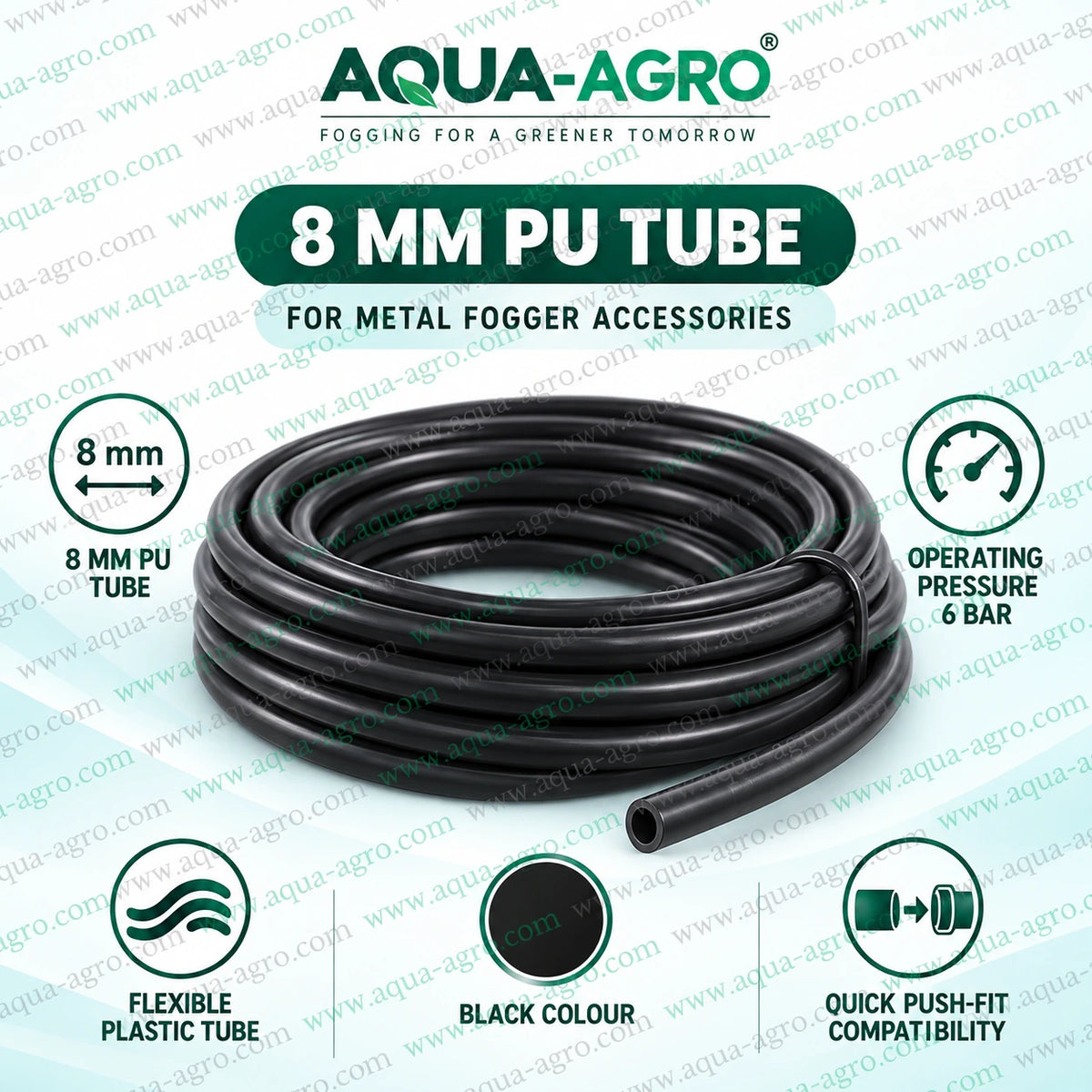 AQUA AGRO 8mm black PU polyurethane tube for metal fogger misting systems flexible plastic tubing with 6 bar operating pressure and quick push fit compatibility for poultry farms greenhouses and irrigation applications