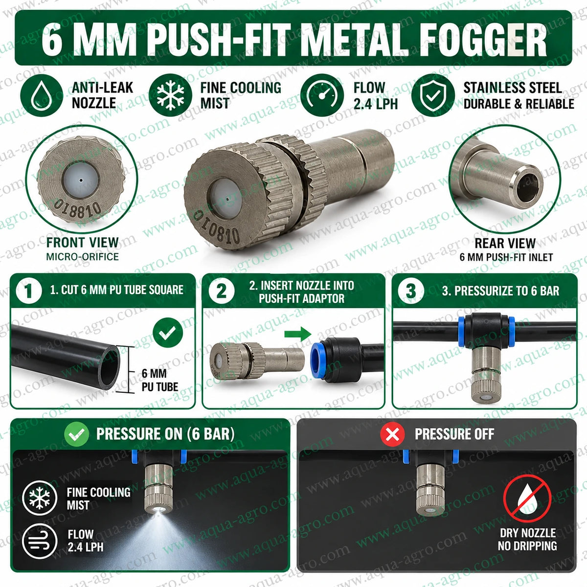 AQUA AGRO 6mm push fit stainless steel anti drip fogger nozzle with 2.4 LPH water discharge and fine mist spray showing micro orifice push fit connection installation on 6mm PU tubing and anti leak shut off operation