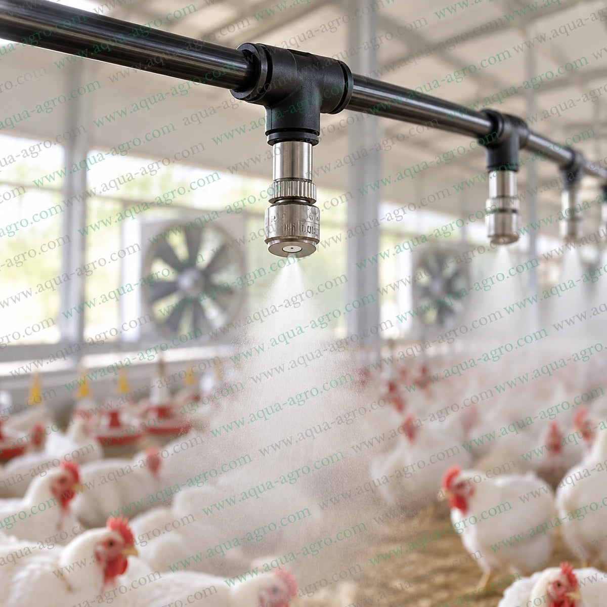 AQUA AGRO 6mm push fit stainless steel anti leak fogger nozzle installed on an overhead misting pipeline delivering fine water mist in a poultry farm for evaporative cooling and humidity control