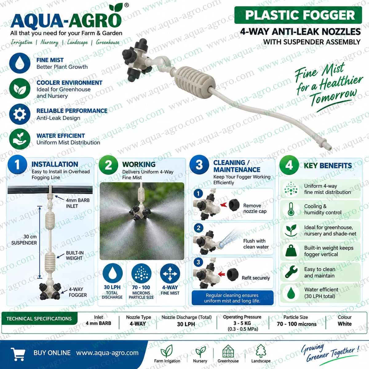 AQUA AGRO 4 way anti leak plastic fogger with 30cm suspender assembly showing overhead installation fine mist spraying nozzle cleaning and maintenance for greenhouse cooling nursery humidification and shade net irrigation systems