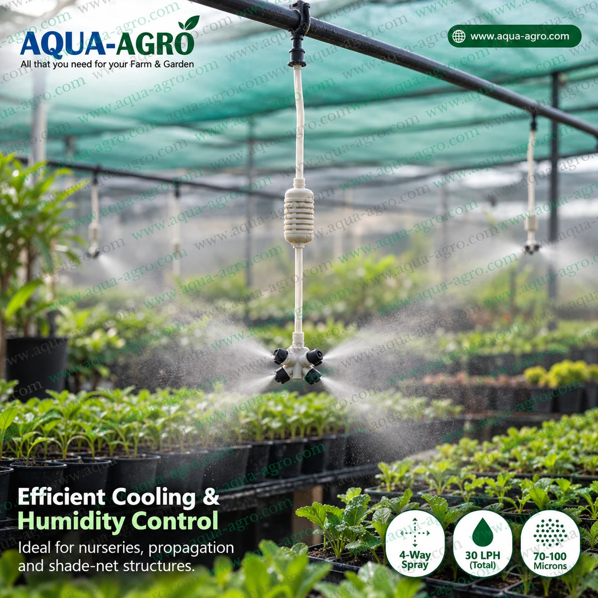 AQUA AGRO 4 way plastic fogger with anti leak nozzles and 30cm weighted suspender assembly spraying fine mist in a plant nursery for greenhouse cooling humidity control and seedling propagation