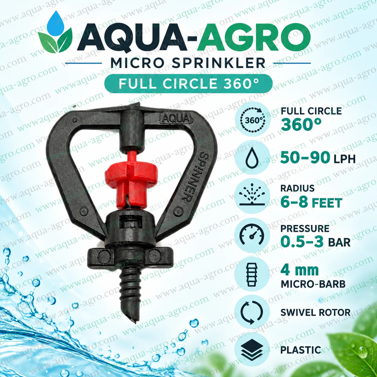 AQUA-AGRO micro sprinkler full circle 360 degree spinner with 50 to 90 LPH discharge 6 to 8 feet spray radius 4mm micro barb inlet for nursery garden vegetable and agricultural irrigation