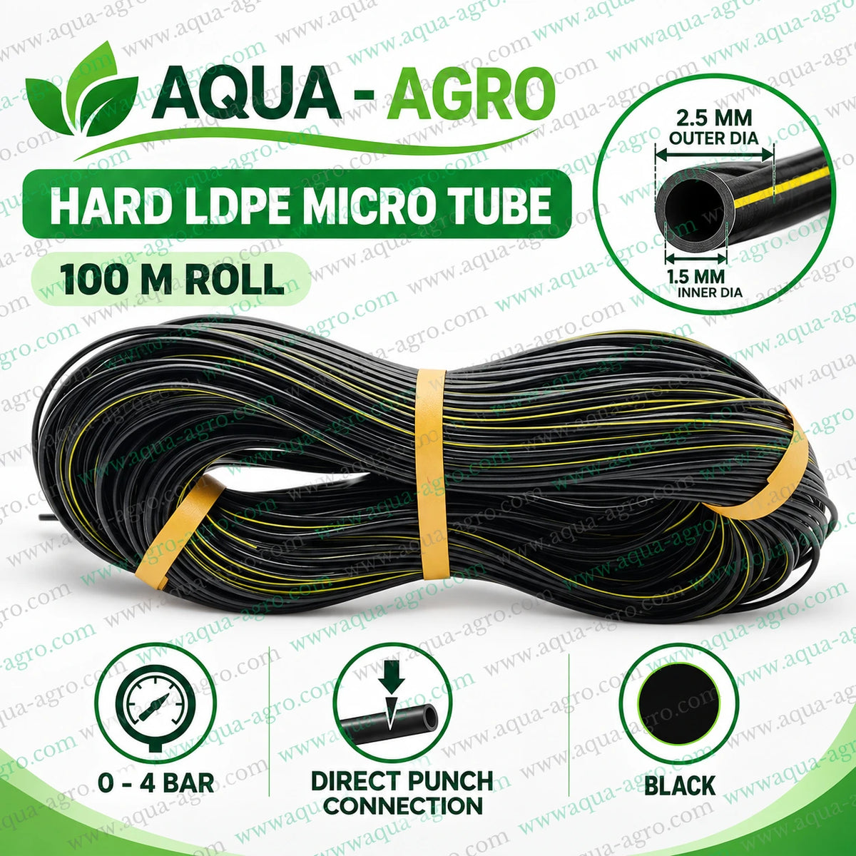 AQUA AGRO hard LDPE micro tube 1.5mm inner diameter 2.5mm outer diameter black irrigation tubing with yellow stripe 100 metre roll for drip irrigation systems