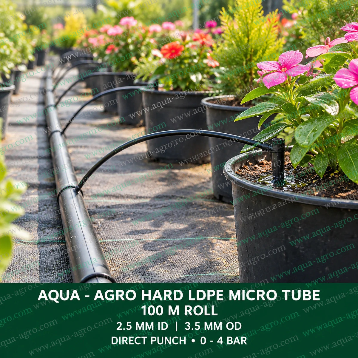 AQUA AGRO hard LDPE micro tube 2.5mm inner diameter 3.5mm outer diameter black irrigation tubing connected to drip lateral for watering flowering plants in nursery pots