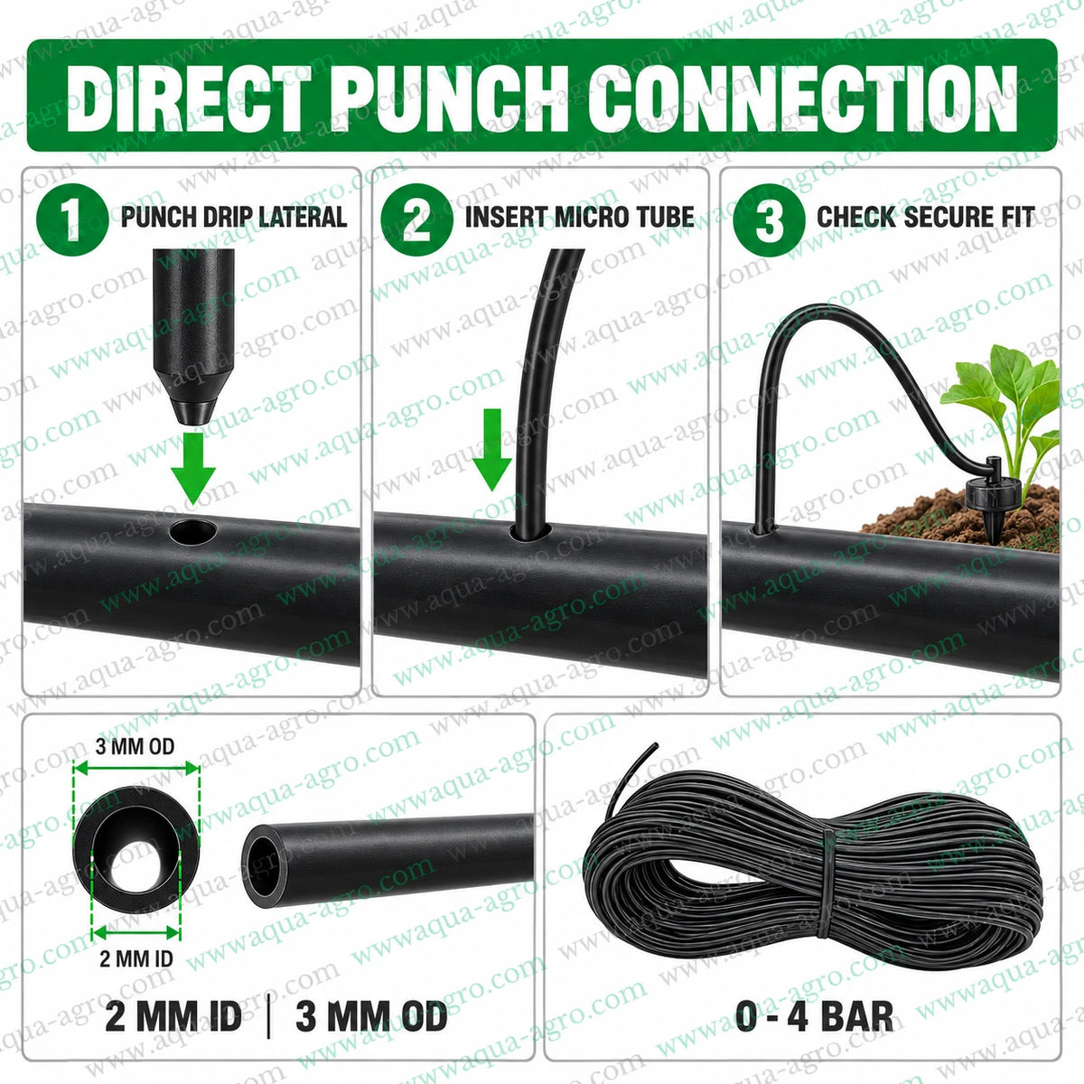 AQUA AGRO 2mm hard LDPE micro irrigation tube installation guide showing direct punch connection to drip lateral with 3mm outer diameter and 0 to 4 bar operating pressure