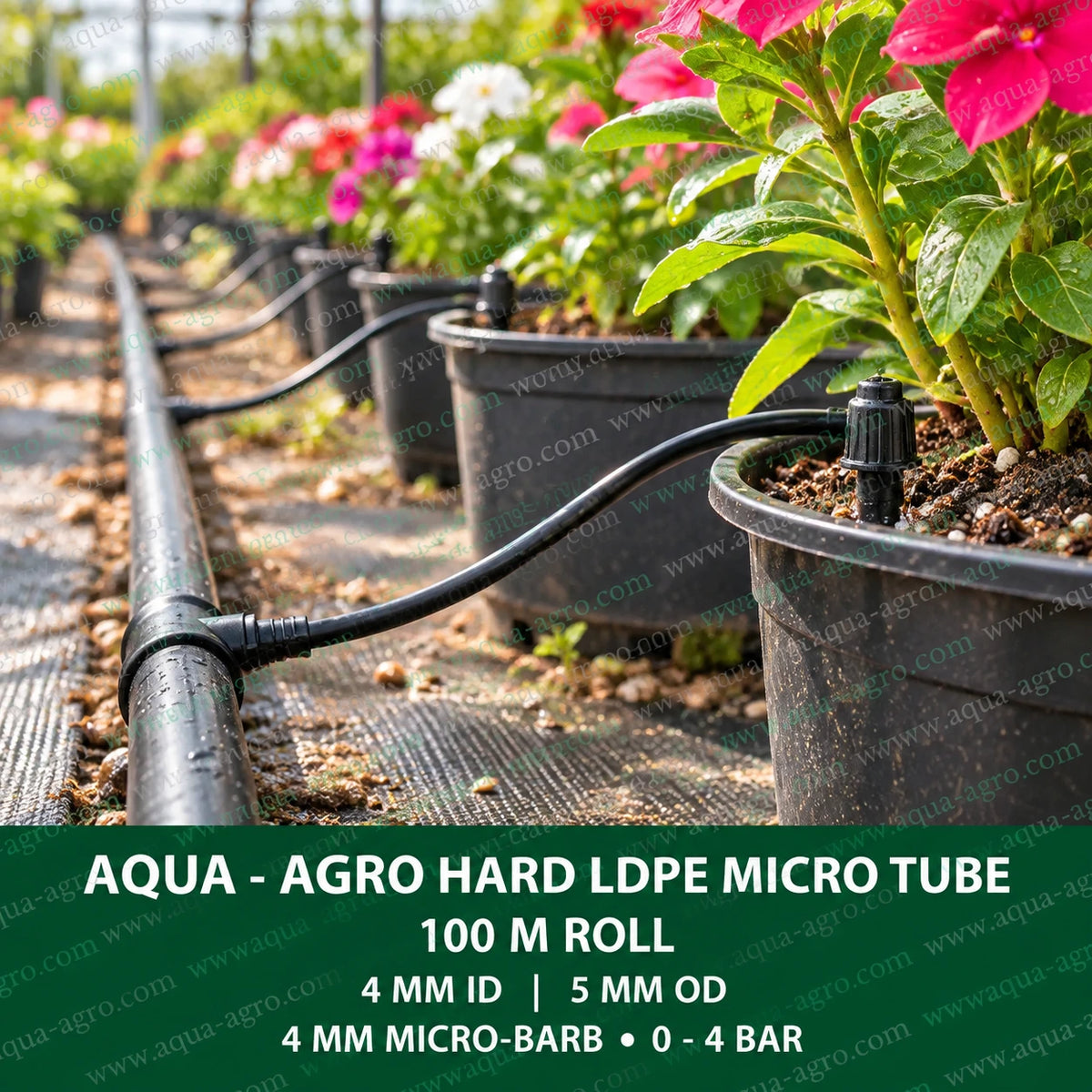 AQUA AGRO 4mm hard LDPE micro irrigation tube connected to drip lateral pipe and dripper for watering flowering plants in nursery pots and garden irrigation systems