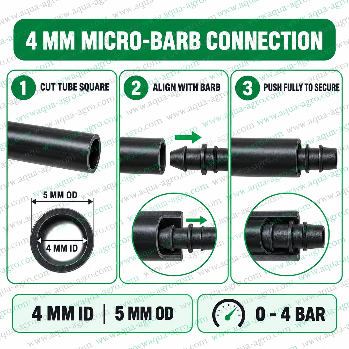 AQUA AGRO 4mm hard LDPE micro tube installation guide showing square tube cutting alignment with micro barbed connector and secure push fit connection for drip irrigation systems