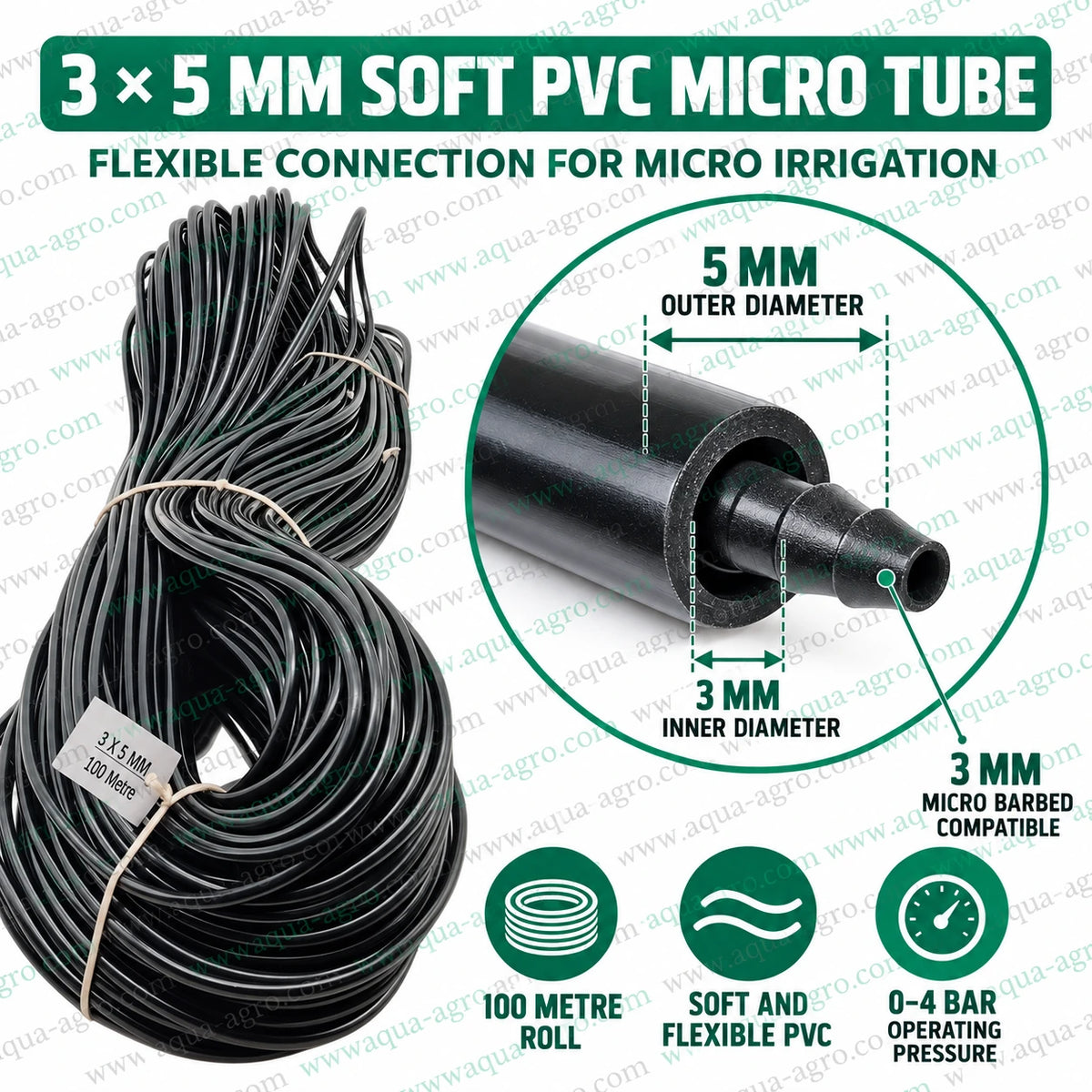 AQUA-AGRO 3x5 mm flexible PVC micro tube 100 metre roll with 3 mm internal diameter and 5 mm external diameter suitable for micro barbed connectors drip emitters garden watering systems and agricultural micro irrigation applications