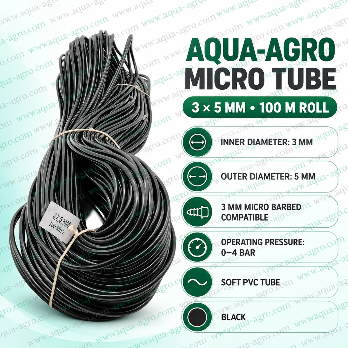 AQUA-AGRO premium black soft PVC micro irrigation spaghetti tube 3x5 mm with 3 mm inner diameter 5 mm outer diameter 100 metre roll compatible with 3 mm micro barbed drip irrigation fittings and operating pressure up to 4 bar