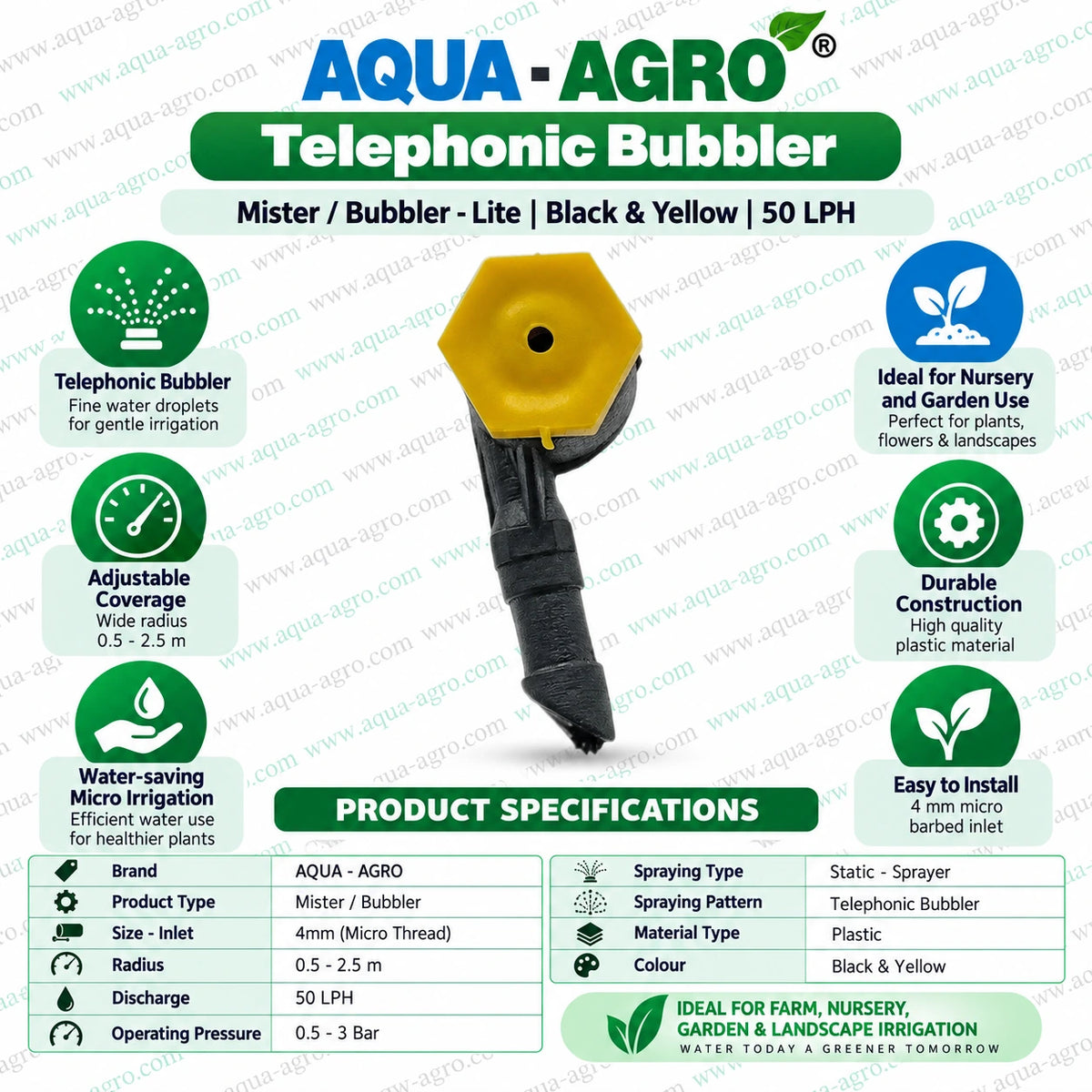 AQUA AGRO Lite Telephonic Bubbler Mister Black and Yellow 50 LPH Micro Irrigation Sprayer with 4mm Inlet 0.5 to 2.5 Meter Spray Radius and 0.5 to 3 Bar Operating Pressure for Garden Nursery and Landscape Irrigation