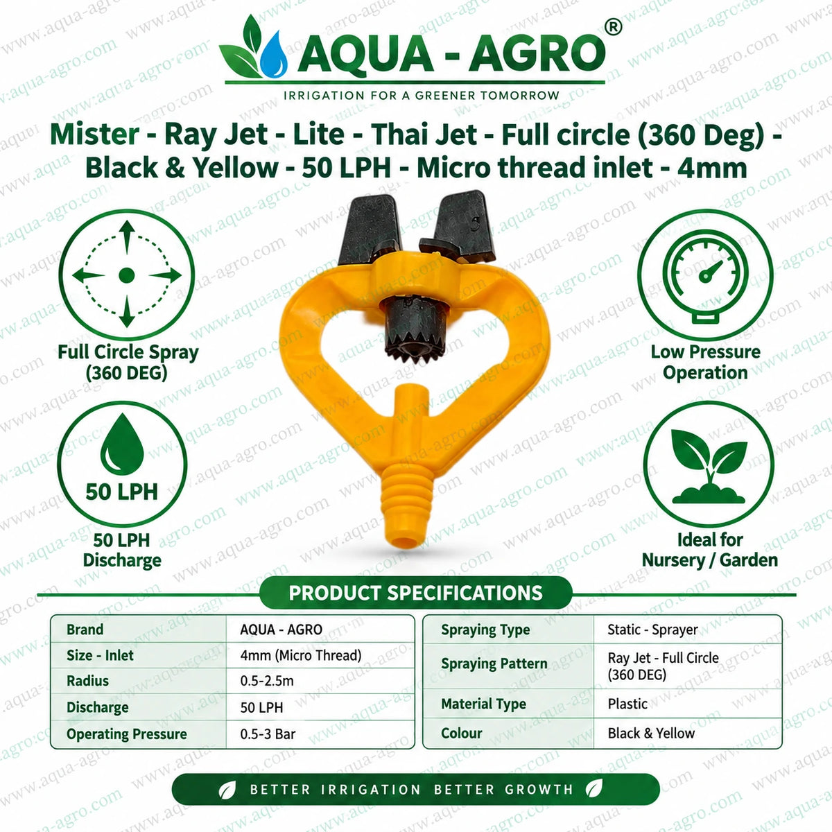 AQUA-AGRO Lite Thai Jet Ray Jet Mister Sprinkler Black and Yellow 50 LPH with 4mm Micro Thread Inlet 360 Degree Full Circle Spray and 0.5 to 2.5 Meter Radius for Nursery Garden and Landscape Irrigation