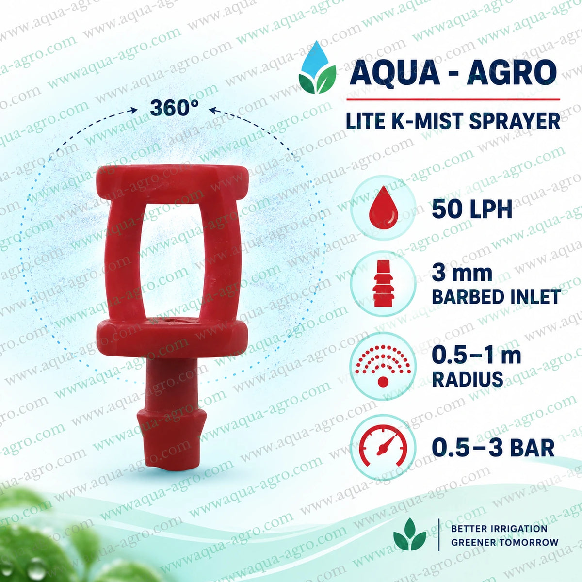 AQUA AGRO Lite K Mist Red Micro Sprinkler with 50 LPH Discharge 3mm Barbed Inlet 0.5 to 1 Meter Spray Radius and 0.5 to 3 Bar Operating Pressure for Garden Irrigation