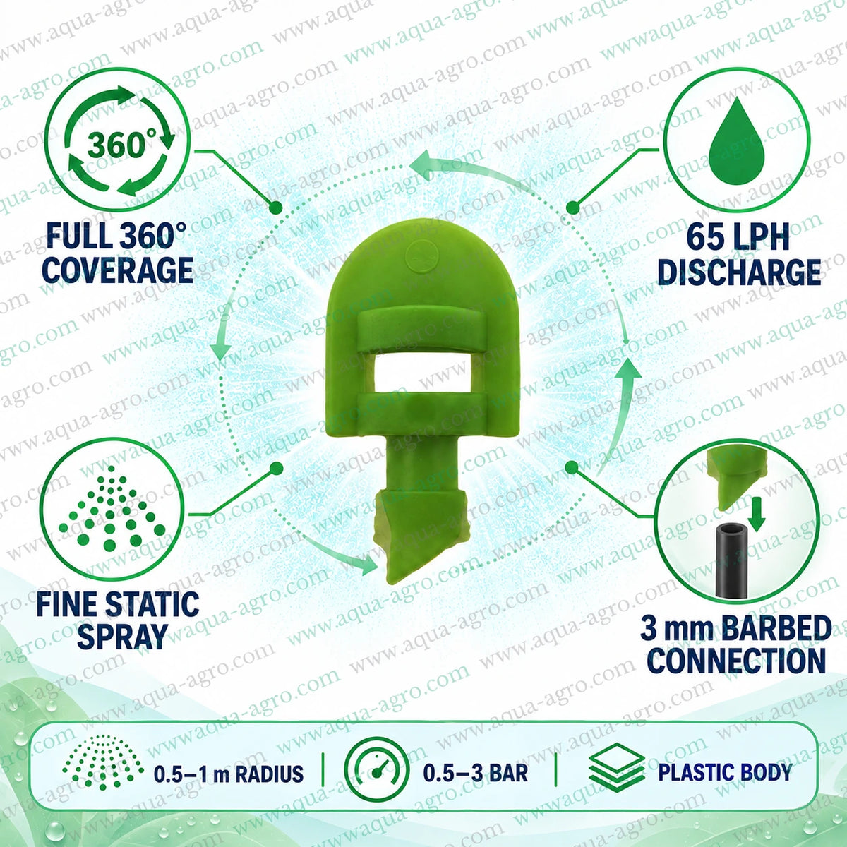 AQUA AGRO Lite U Mist Green Micro Sprinkler with 65 LPH Discharge Full Circle 360 Degree Coverage 3mm Barbed Connection 0.5 to 1 Meter Spray Radius and 0.5 to 3 Bar Operating Pressure for Micro Irrigation