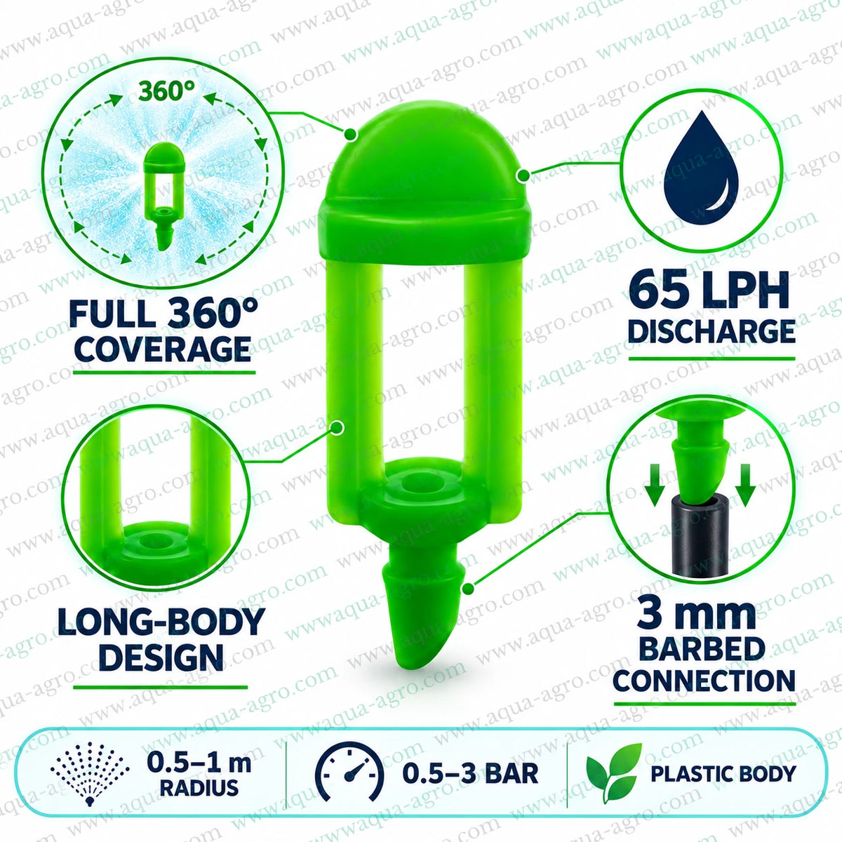 AQUA AGRO Lite U Mist Long Body Green Micro Sprayer with 360 Degree Full Circle Coverage 65 LPH Discharge 3mm Barbed Connection and 0.5 to 1 Meter Spray Radius for Micro Irrigation
