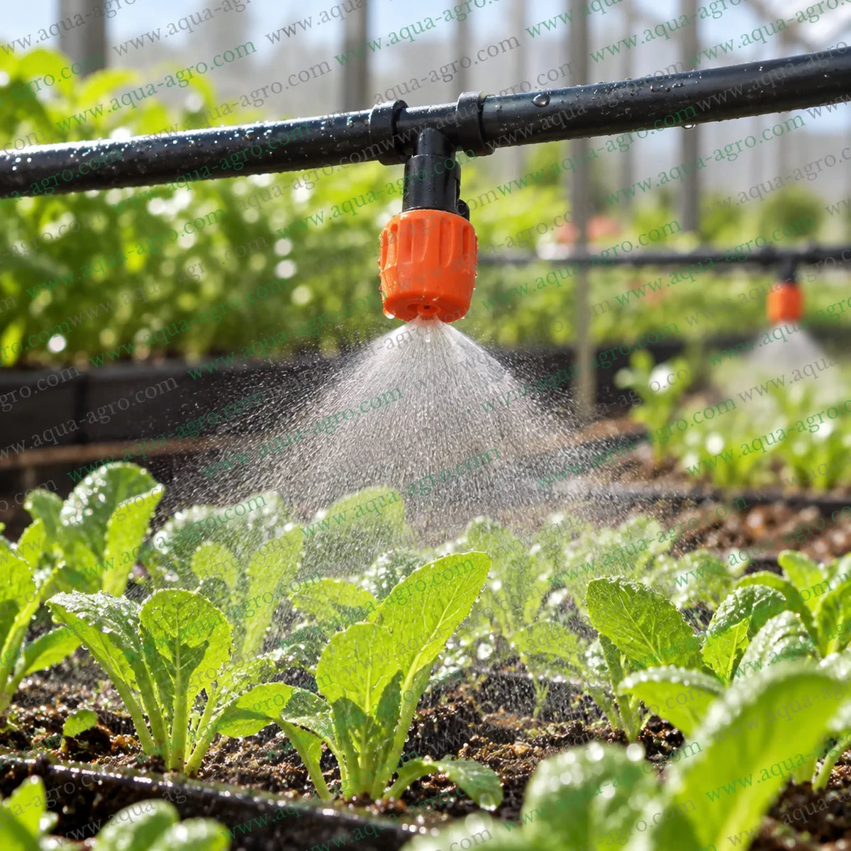AQUA AGRO Adjustable Mist Sprayer with Orange Nozzle and 4mm Tee Connector Providing Fine Water Spray for Greenhouse Nursery Plants and Vegetable Seedlings