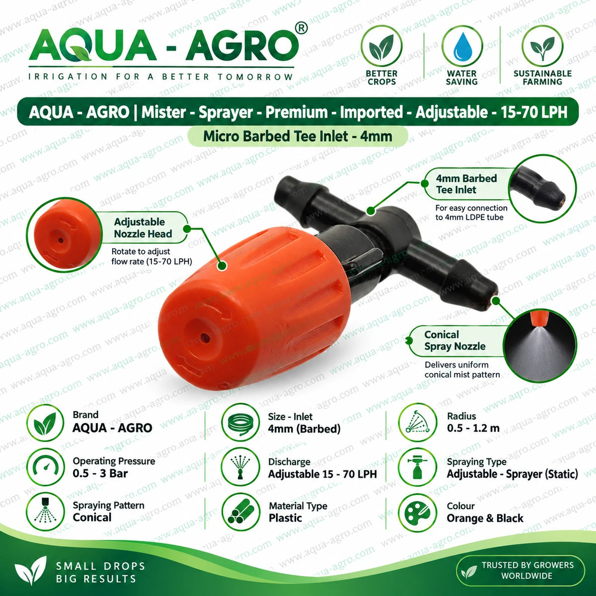 AQUA AGRO Premium Imported Adjustable Mister Sprayer with 4mm Micro Barbed Tee Inlet 15 to 70 LPH Discharge and 0.5 to 1.2 Metre Spray Radius