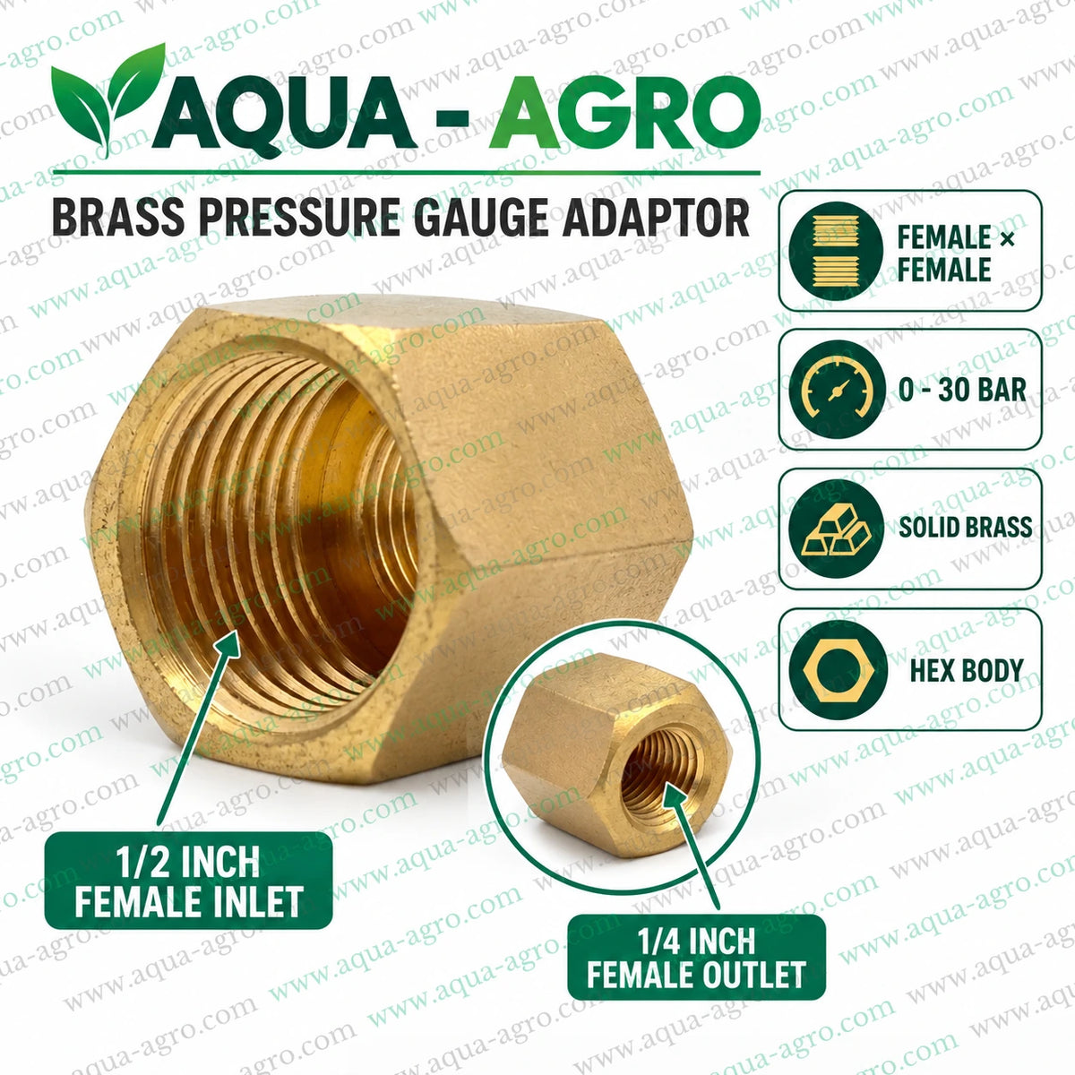 AQUA-AGRO Brass Pressure Gauge Adaptor 0.5 Inch Female Threaded Inlet x 0.25 Inch Female Threaded Outlet Solid Brass Hex Body Reducer Fitting for Irrigation Pressure Gauges