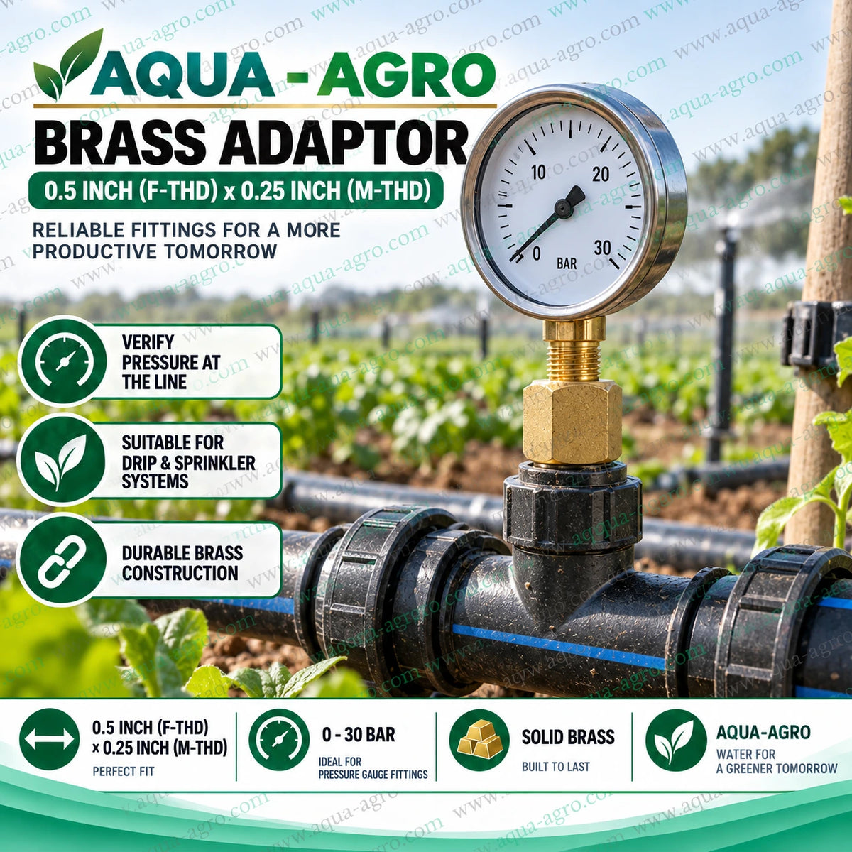 AQUA-AGRO Brass Pressure Gauge Adaptor with 0.5 Inch Female Thread and 0.25 Inch Male Thread Installed on Agricultural Irrigation Pipeline for Water Pressure Monitoring in Drip and Sprinkler Irrigation Systems