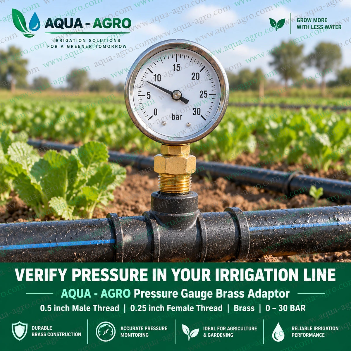 AQUA-AGRO Brass Pressure Gauge Adaptor 0.5 Inch Male Thread x 0.25 Inch Female Thread Installed on Agricultural Irrigation Pipeline for Water Pressure Monitoring
