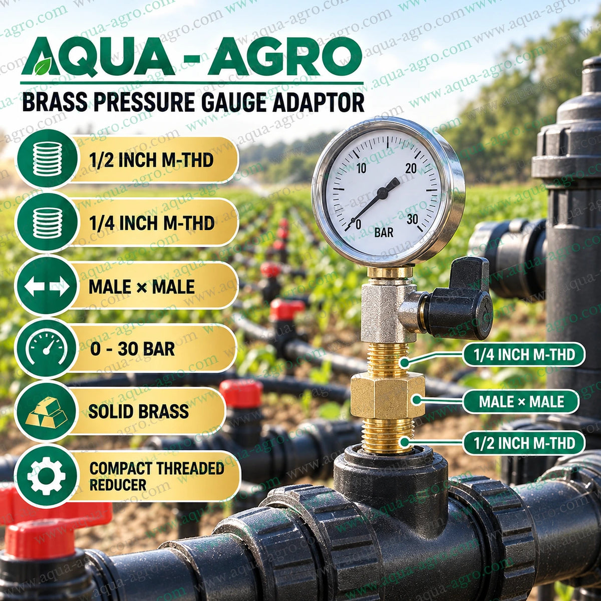 AQUA-AGRO Brass Male Threaded Pressure Gauge Adaptor Installed on Agricultural Irrigation Pipeline with Water Pressure Gauge for Drip Irrigation and Sprinkler Systems
