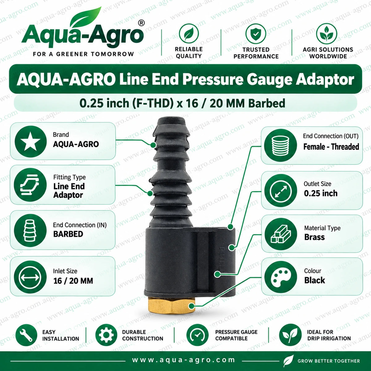 AQUA-AGRO Drip Line End Pressure Gauge Adaptor with 0.25 Inch Female Threaded Brass Outlet and 16mm or 20mm Barbed Inlet Black Body for Drip Irrigation Pipeline Pressure Monitoring and Agricultural Water Pressure Checking