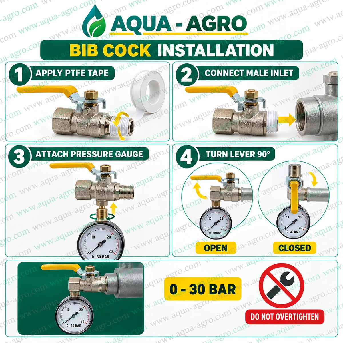 AQUA-AGRO Metal Pressure Gauge Bib Cock Installation Guide Showing PTFE Tape Application 0.25 Inch Male Threaded Inlet Connection Pressure Gauge Attachment and Yellow Quarter Turn Lever Operation for Irrigation Pressure Monitoring