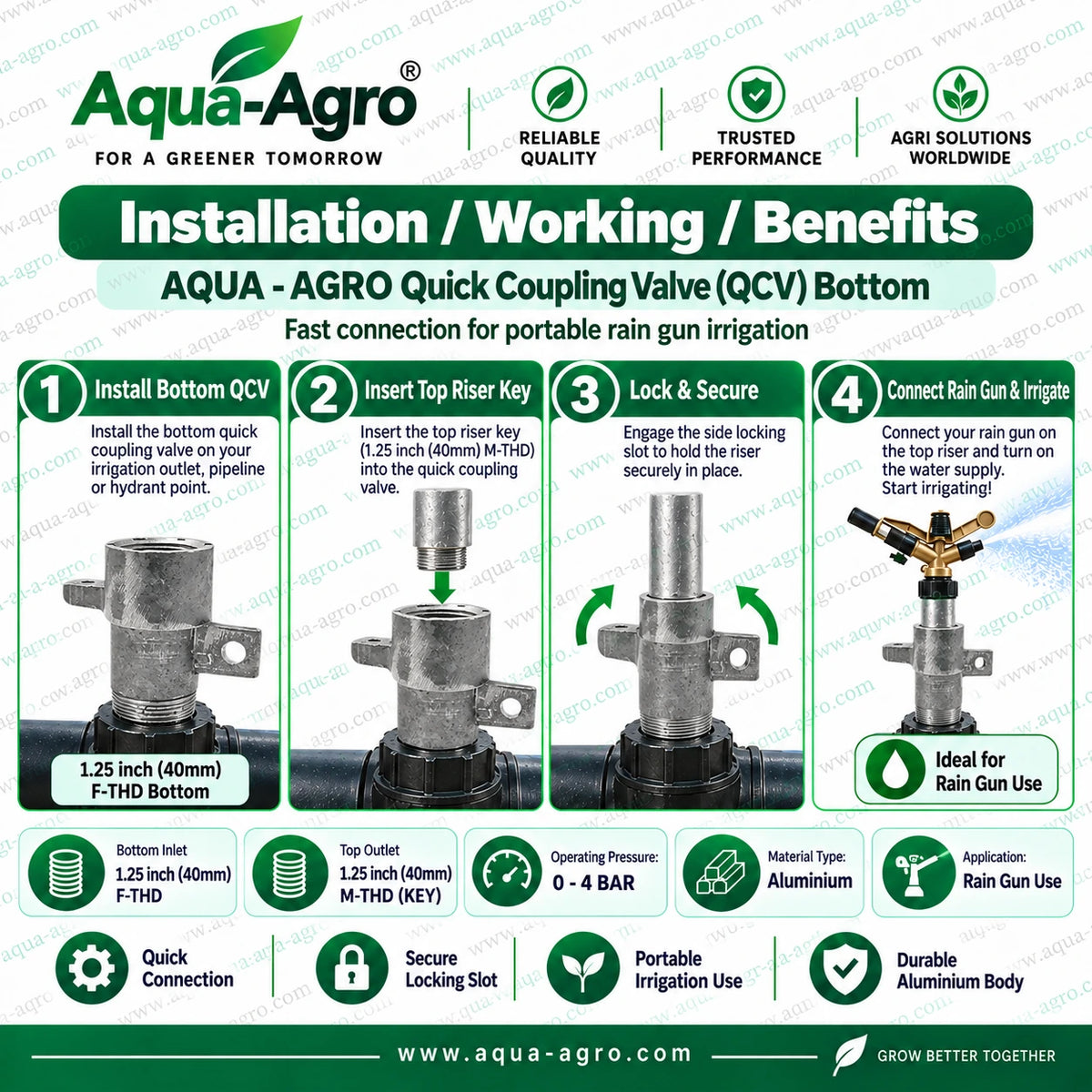 AQUA AGRO Quick Coupling Valve QCV Bottom Installation for Rain Gun Irrigation with 1.25 Inch 40mm Female Threaded Inlet Locking Slot and Riser Key