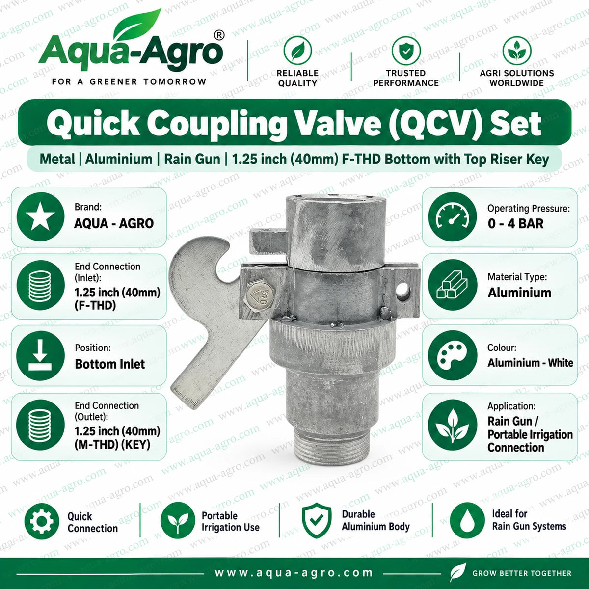 AQUA AGRO Quick Coupling Valve QRC QCV Set 1.25 Inch 40mm Female Thread Bottom with Male Thread Top Riser Key Aluminium Rain Gun Irrigation Coupling